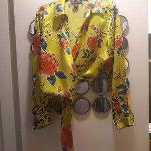 Spenser Jeremy Yellow Floral Tie-Front Blouse with Orange Flowers